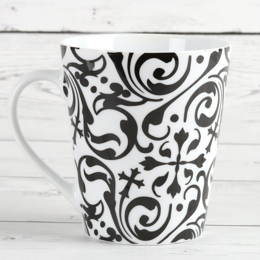 Vintage Coffee Mug Black & White Scroll Design